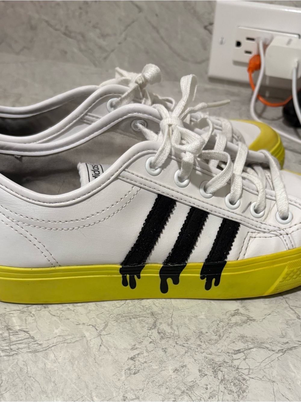 adidas Kids White Sneakers with Black Stripes and Yellow Sole